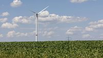 A wind turbine operates near the northern Bavarian village of Stetten, Germany,
